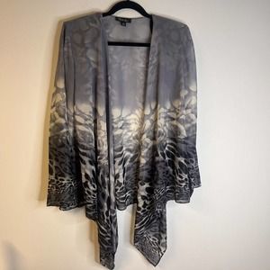 SL Fashions Grey Animal Print Sheer Open Waterfall Front Jacket size 14W